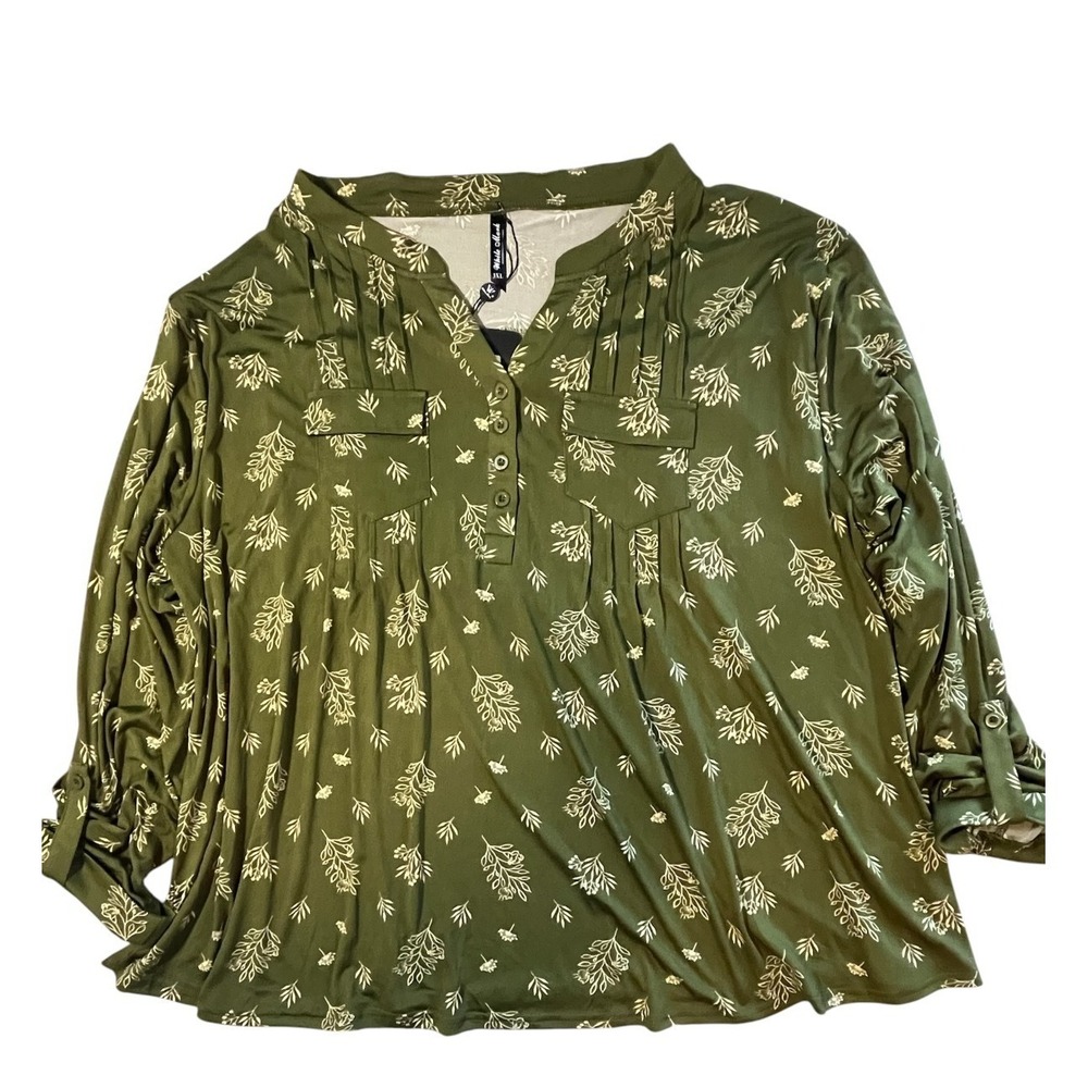 White Mark NWT Women's 3X Roll Tab Sleeves Top Olive Green Floral Leaf Top